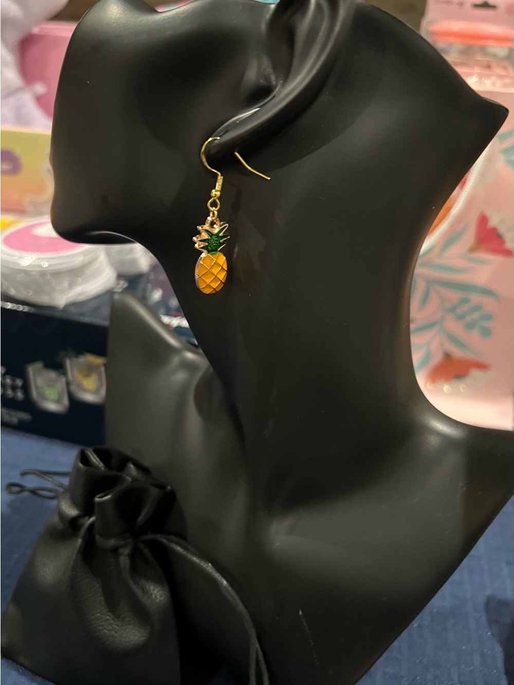 Gold Pineapple Drop Earrings with Yellow & Green Enamel - Picture 3 of 4